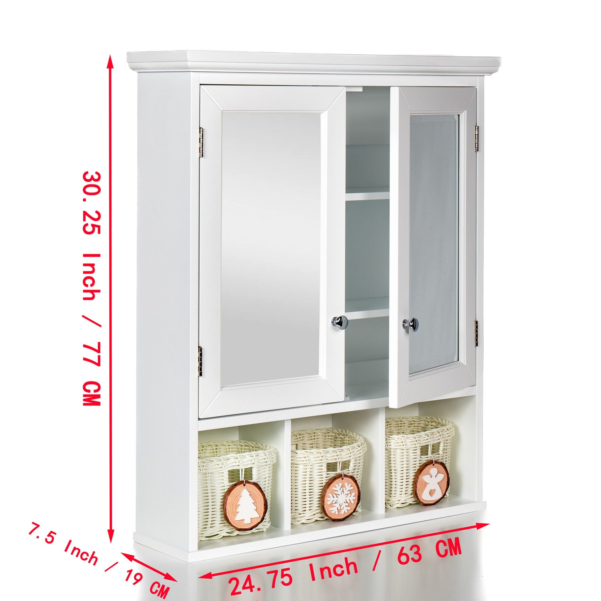 The Bathroom Storage Cabinet features 2 mirrored doors, 2 adjustable shelves, and 3 Christmas style baskets. Dimensions: 30.25 x 24.75 x 7.5 inches (77 x 63 x 19 cm). Perfect for organized bathroom storage.