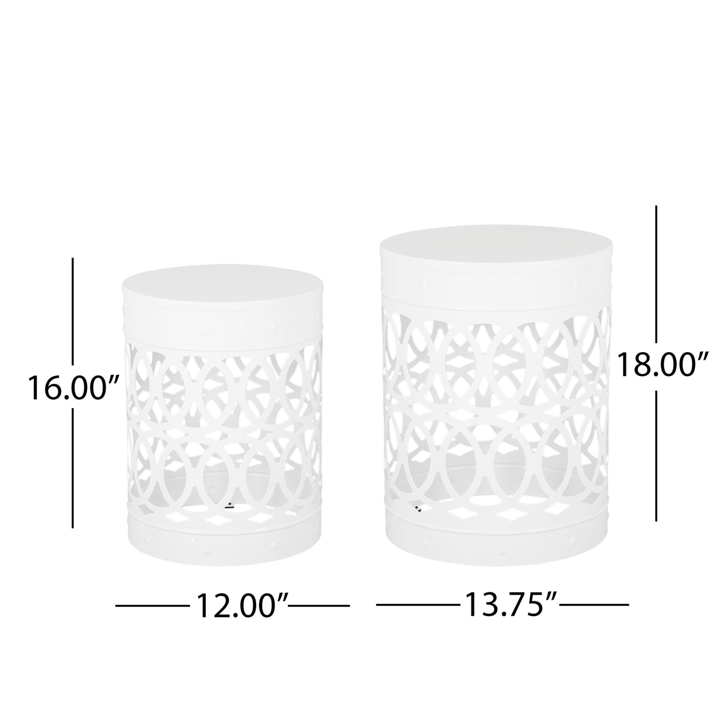 The Outdoor Metal S/2 End Table set includes two white cylindrical tables with open interlocking circle designs. The small table measures 16"H x 12"W; the large is 18"H x 13.75"W. Both tables are shown with dimensions labeled.