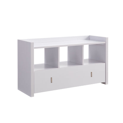 The Shoe Entry Bench features a modern white design with three open shelves and a large drawer with a divided compartment.