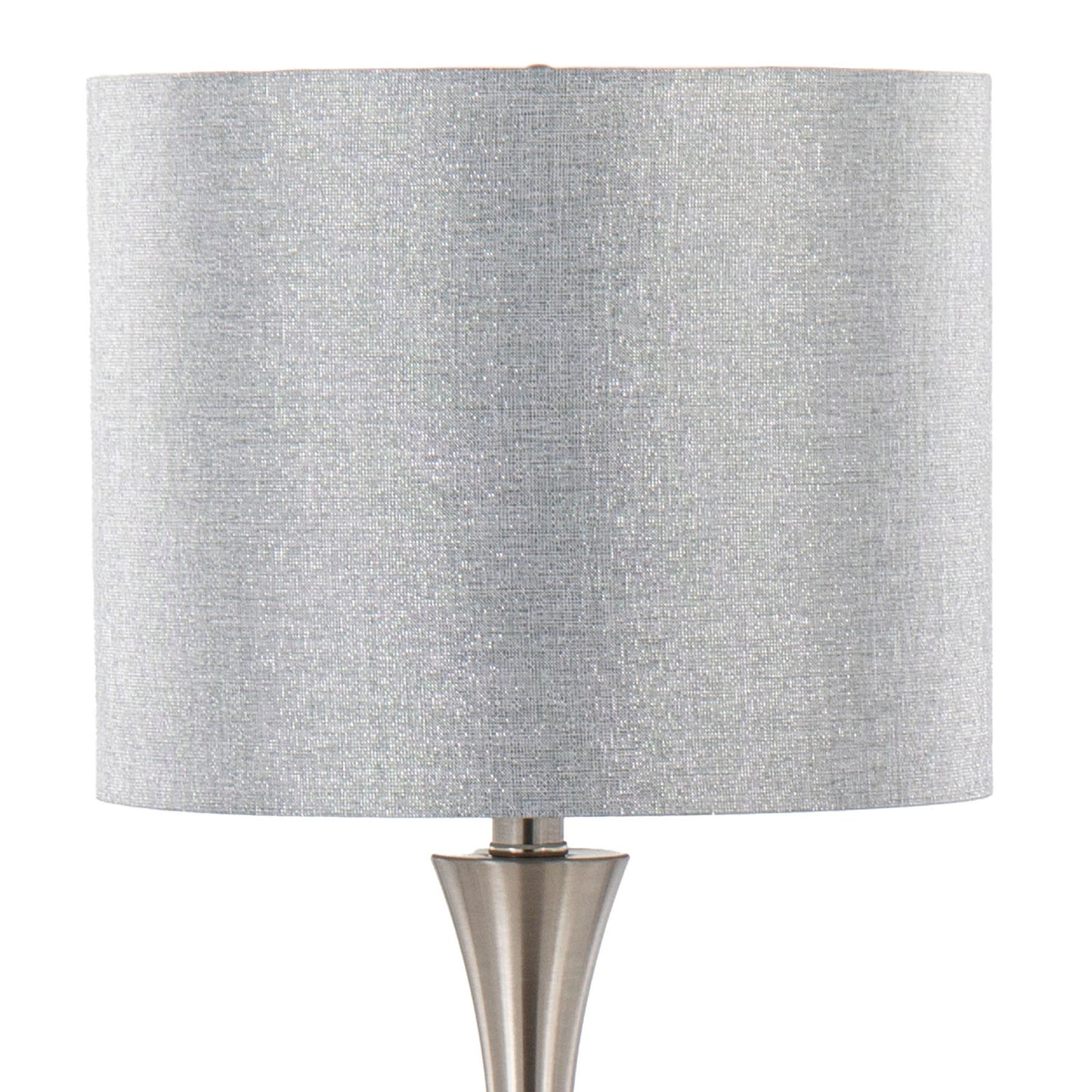The Lenuxe Contemporary Semi Gloss Table Lamp (Set of 2) features a modern design with a cylindrical, textured silver lampshade and a metallic tapered base.