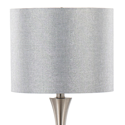 The Lenuxe Contemporary Semi Gloss Table Lamp (Set of 2) features a modern design with a cylindrical, textured silver lampshade and a metallic tapered base.