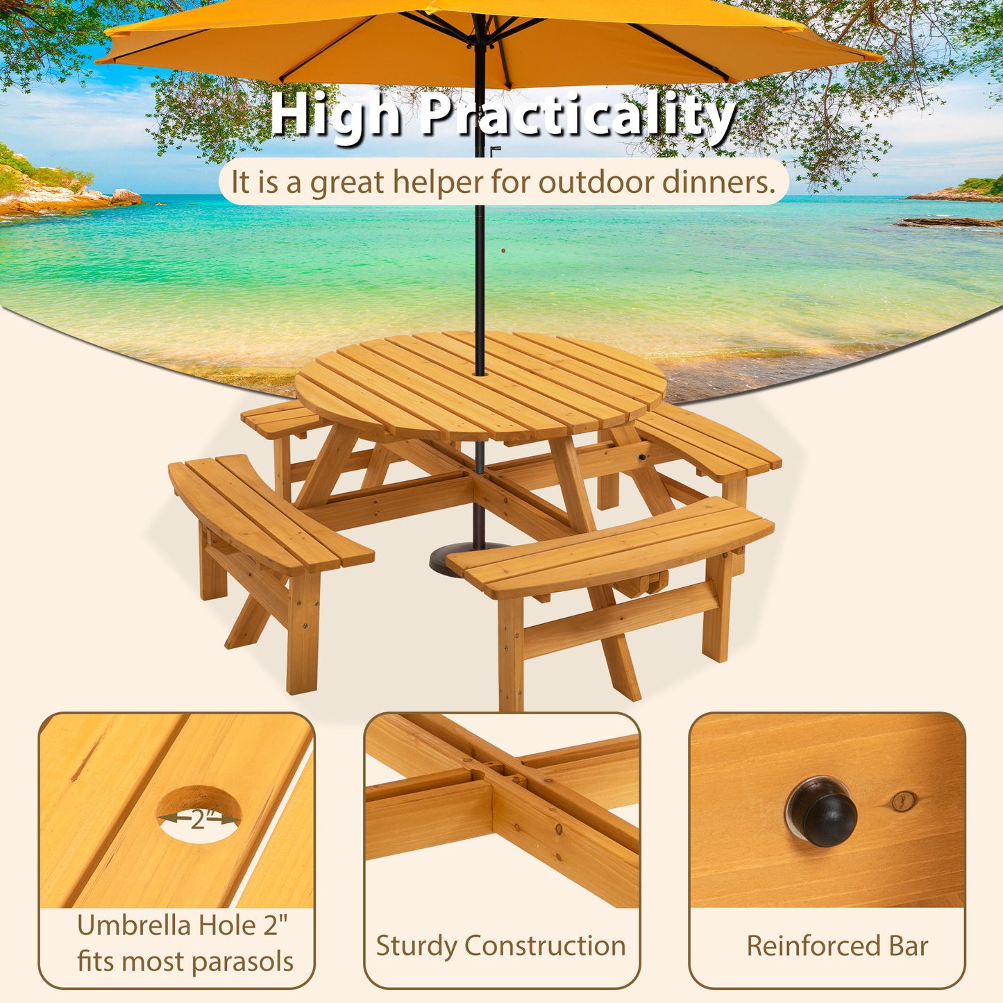 An 8 Person Wooden Picnic Table with four built-in benches and a yellow umbrella stands on a sandy beach by clear blue water. Icons show the umbrella hole, sturdy build, and reinforced bar. Text: "High Practicality." 2220lb capacity. For garden or camping use.