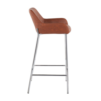 Side view of Daniella Contemporary Fixed Height Bar Stool (Set of 2) featuring brown cushioned seat and backrest, with sleek metal legs and footrests, shown against a white background.