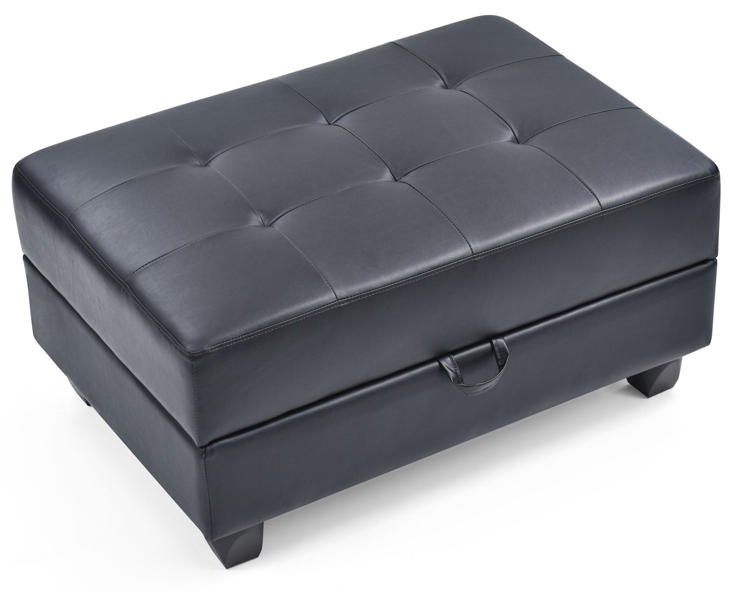 The Stylish Storage Contemporary Ottoman features a rectangular black leather design, a tufted top, short dark legs, and a small front handle.