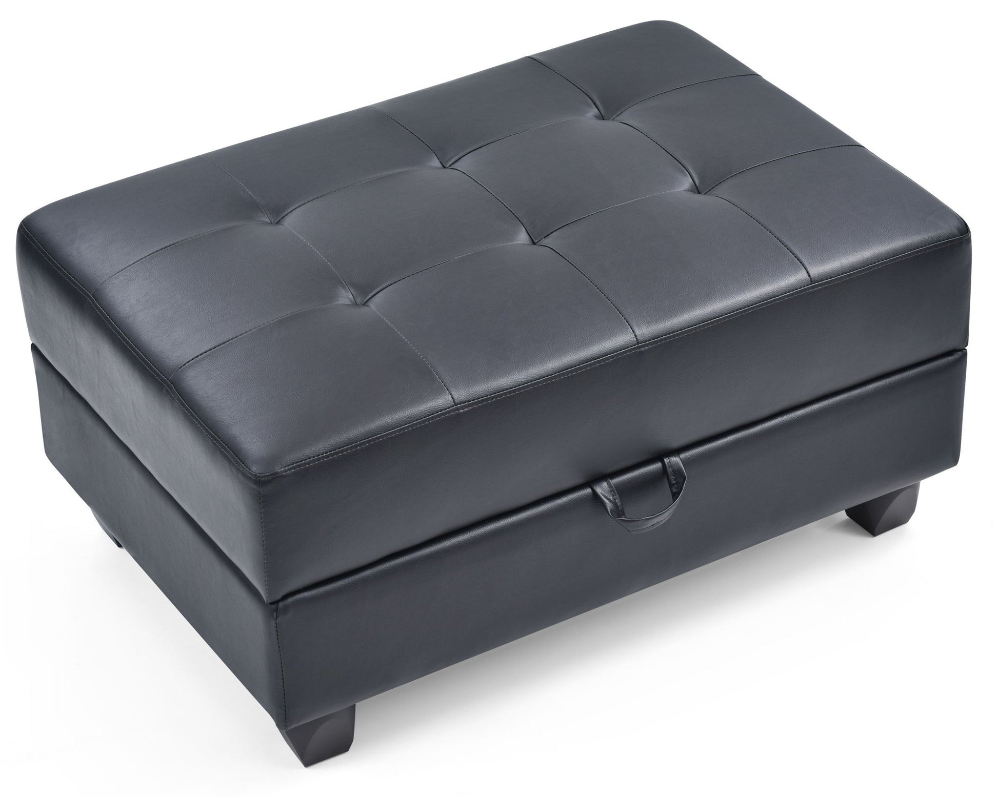 The Stylish Storage Contemporary Ottoman features a rectangular black leather design, a tufted top, short dark legs, and a small front handle.