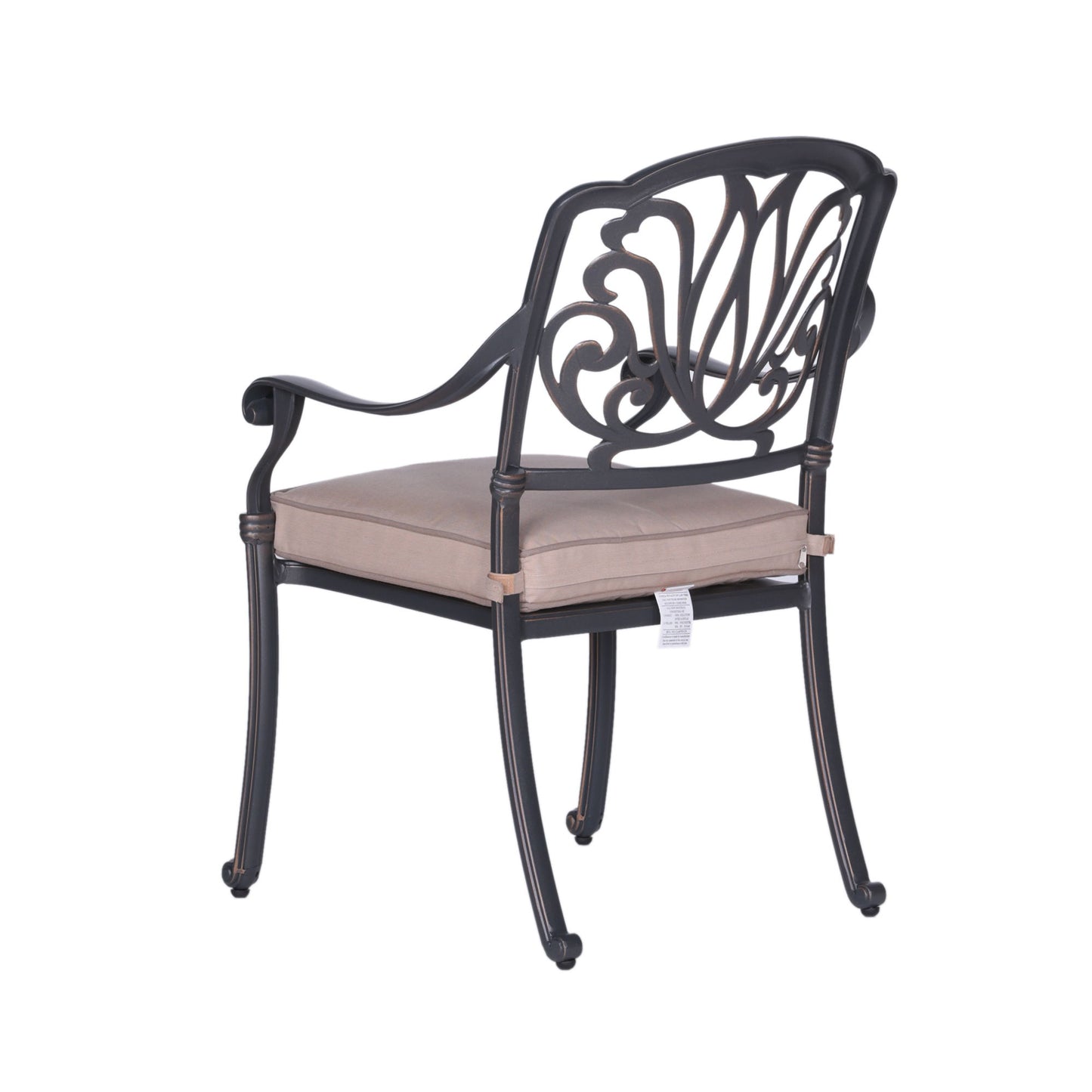 The Square 8 Person 64" Long Aluminum Dining Set With Cushions features black metal chairs with ornate backs, curved armrests, and light beige seat cushions secured to the frame.