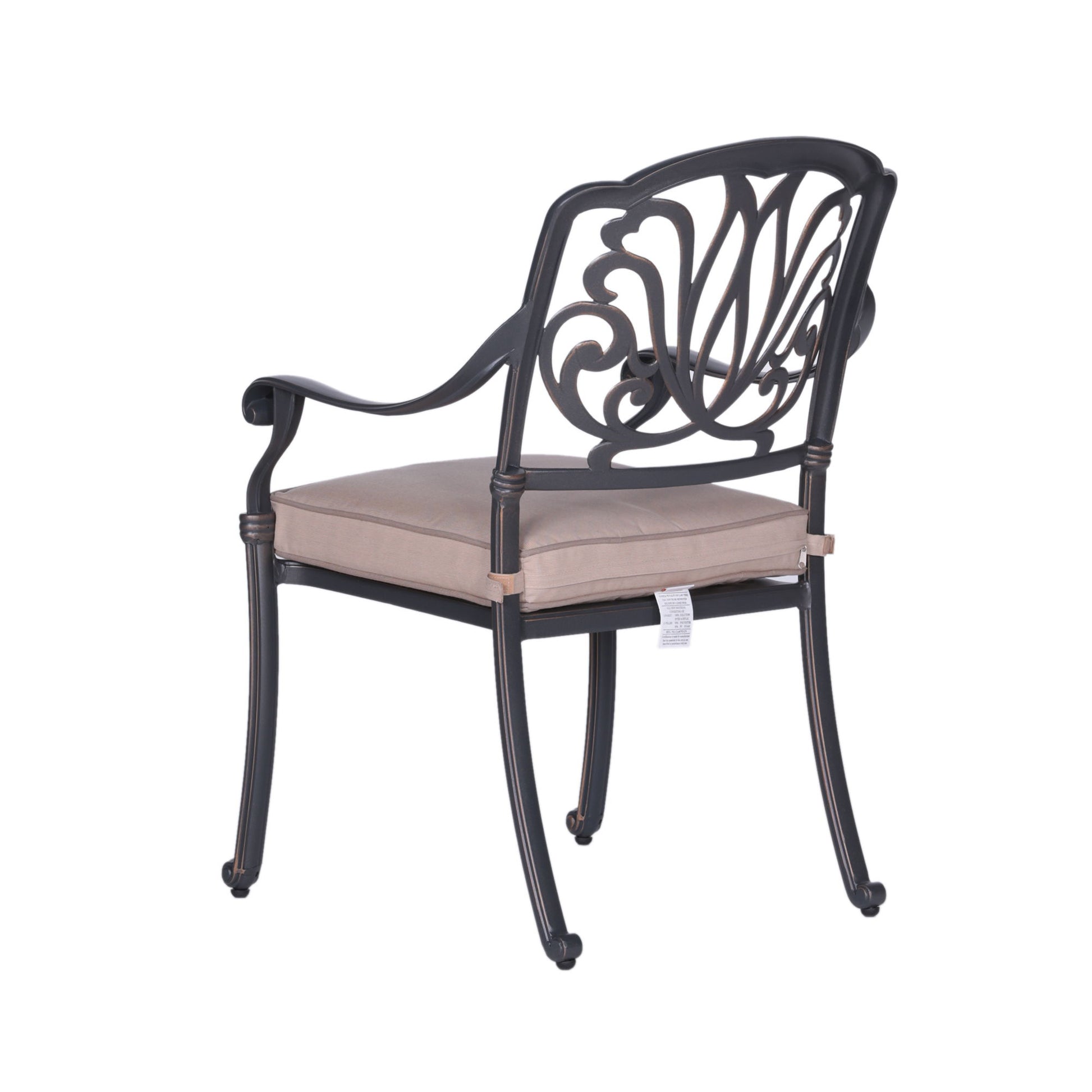The Square 8 Person 64" Long Aluminum Dining Set With Cushions features black metal chairs with ornate backs, curved armrests, and light beige seat cushions secured to the frame.