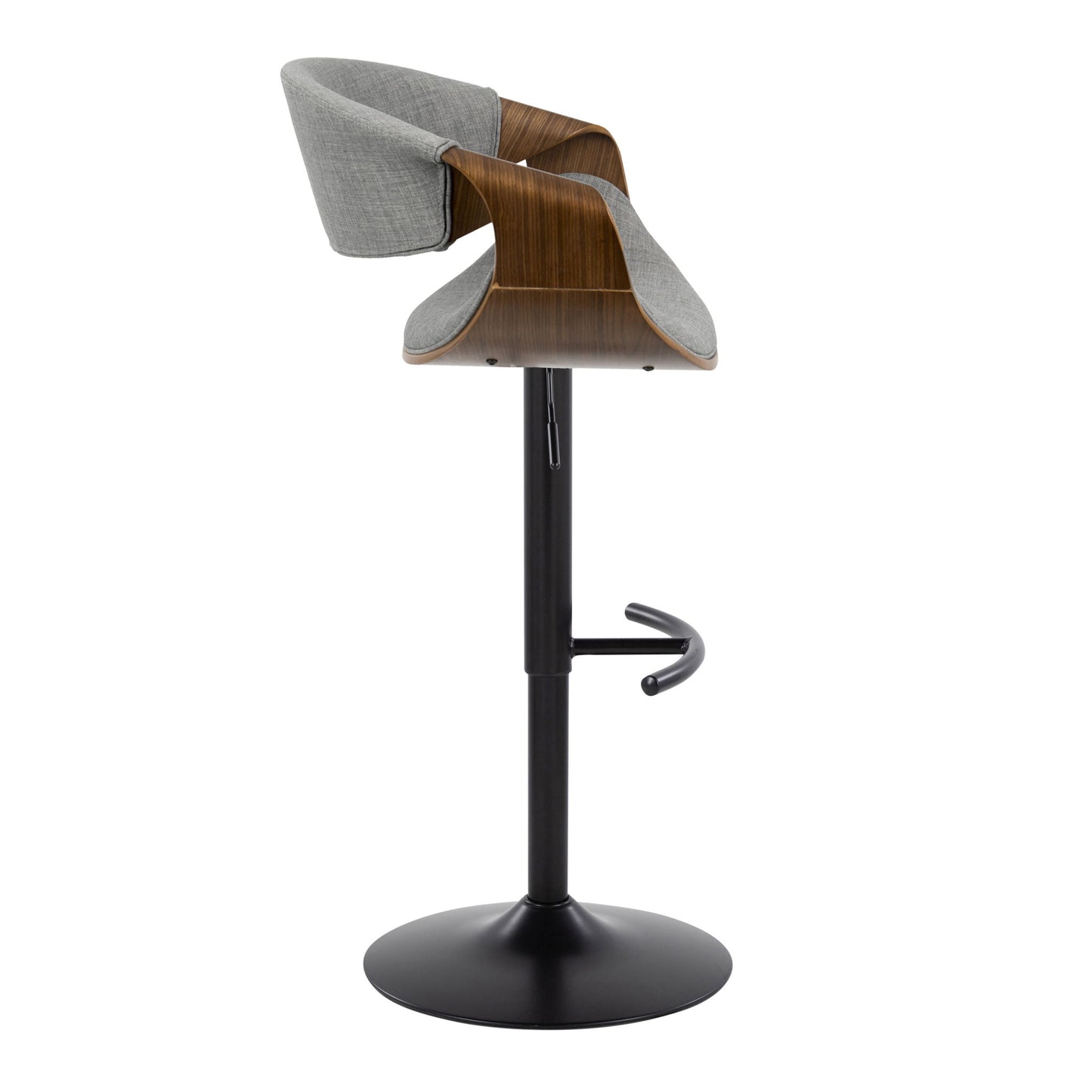 Side view of the Curvo - Mid Century Modern Adjustable Barstool with swivel, curved wooden frame, grey upholstered seat and backrest, black metal base, and rounded T footrest (Set of 2).
