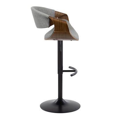 Side view of the Curvo - Mid Century Modern Adjustable Barstool with swivel, curved wooden frame, grey upholstered seat and backrest, black metal base, and rounded T footrest (Set of 2).