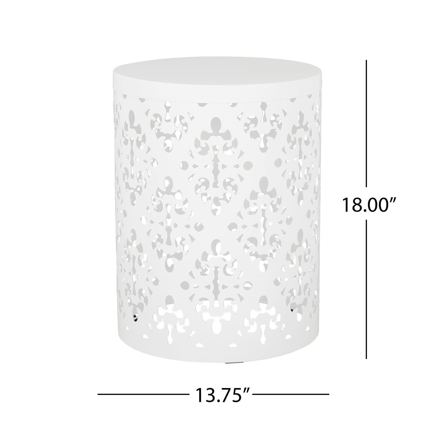 Outdoor Metal Modern Design End Table, 18 inches tall and 13.75 inches in diameter, features a white cylindrical shape with floral-inspired cutout pattern and a simple, modern design.