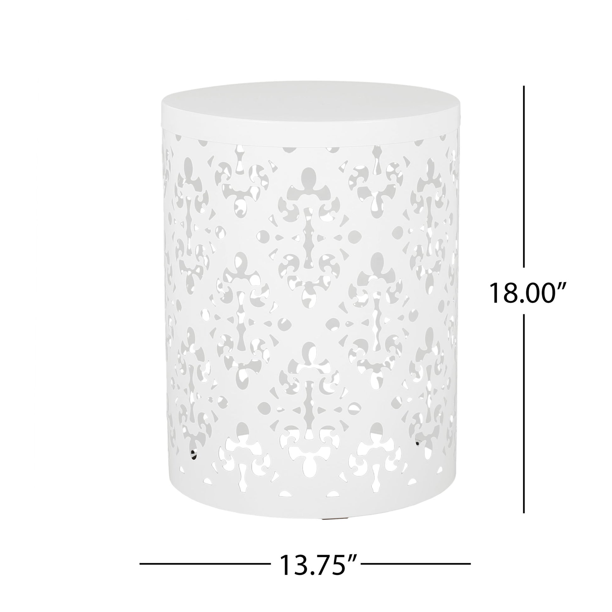 Outdoor Metal Modern Design End Table, 18 inches tall and 13.75 inches in diameter, features a white cylindrical shape with floral-inspired cutout pattern and a simple, modern design.