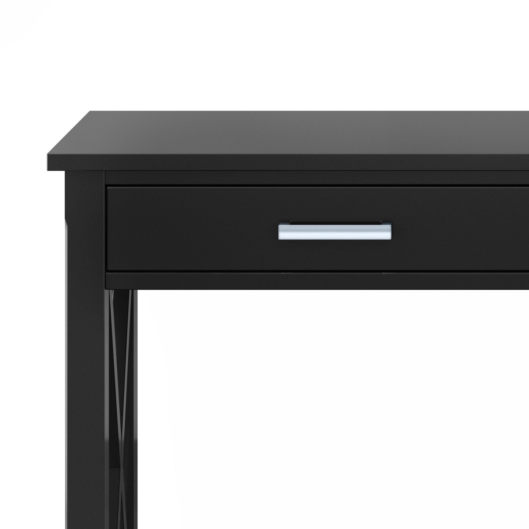 The Kitchener - Handcrafted Table is a black desk with a single drawer and metallic handle, featuring simple, modern lines and a minimalistic design, shown from the front against a white background.