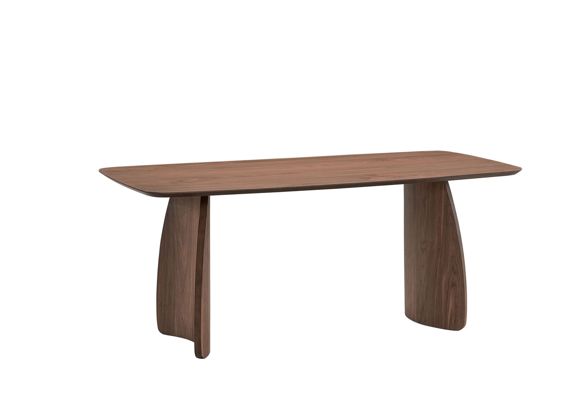 The Hadasa Dining Table in Walnut features a minimalist, contemporary design with a smooth rectangular top and two wide, curved legs, all crafted in a rich dark wood finish.