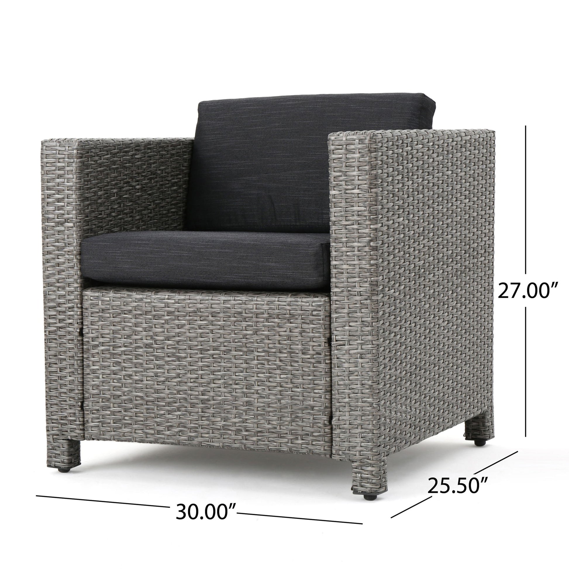 The Stylish Outdoor Club Chair features a modern, boxy gray wicker design with straight arms and legs, plus dark gray weather-resistant cushions. Dimensions: 27"H x 30"W x 25.5"D.