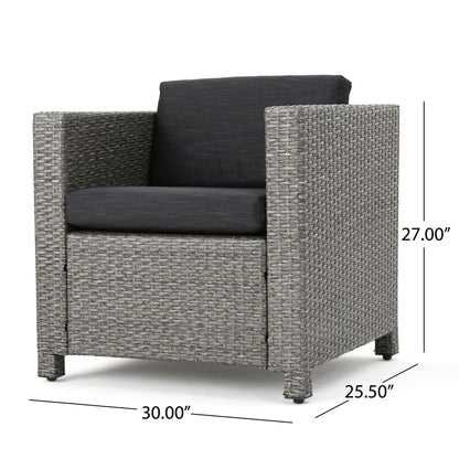 The Stylish Outdoor Club Chair features a modern, boxy gray wicker design with straight arms and legs, plus dark gray weather-resistant cushions. Dimensions: 27"H x 30"W x 25.5"D.