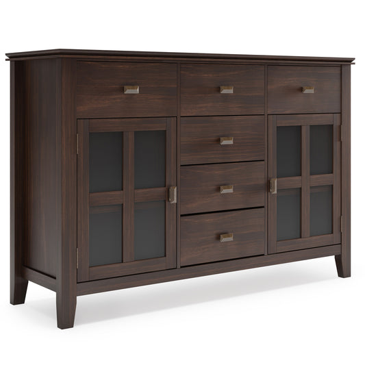 The Artisan - Handcrafted Sideboard Buffet features five central drawers, two frosted glass panel doors on each side, and three top drawers, all with modern metal handles and a smooth dark wood finish.