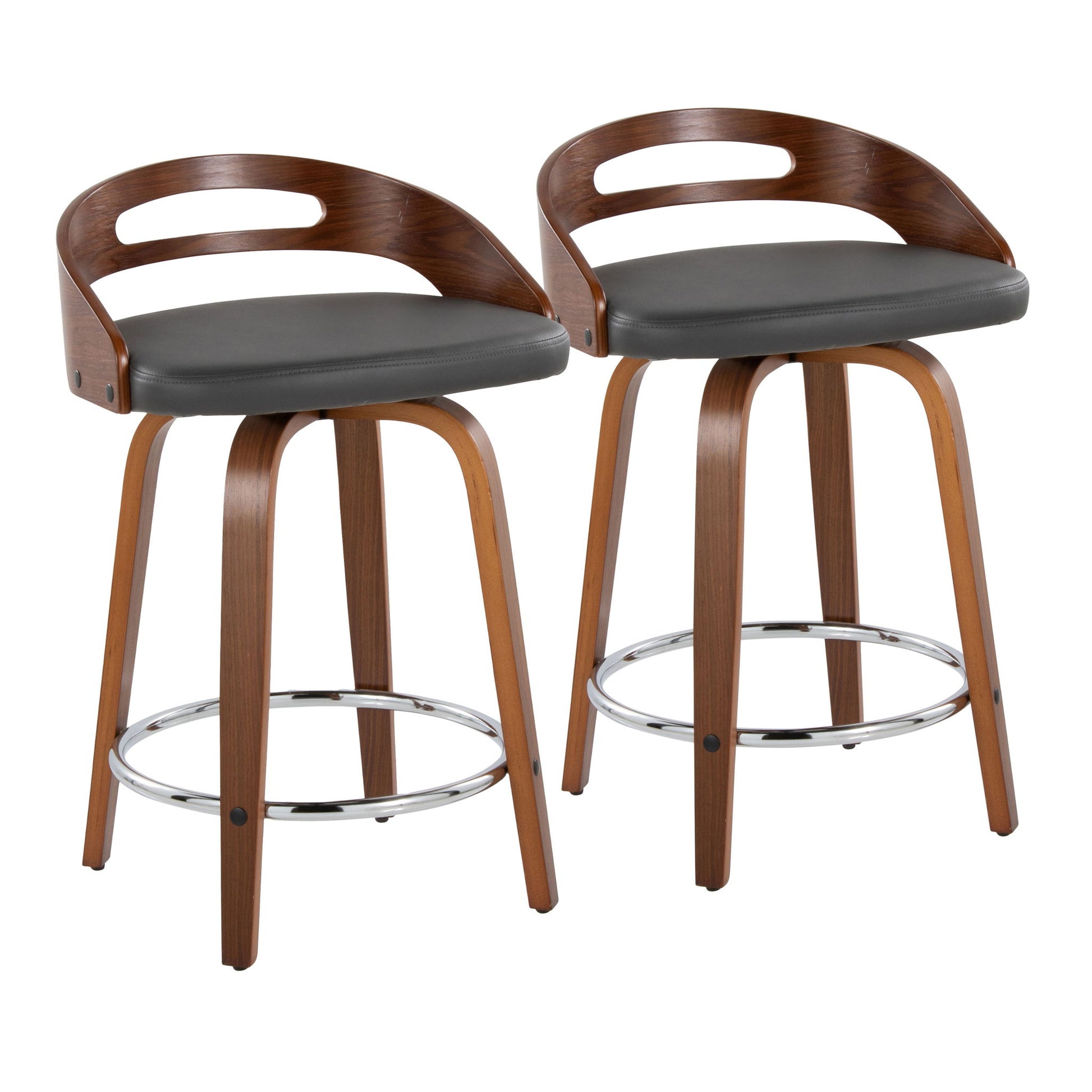 Set of 2 Cassis mid-century modern counter stools featuring curved wooden backs, black cushioned seats, angled wooden legs, and a round chrome footrest with fixed height and swivel function.