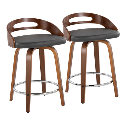Set of 2 Cassis mid-century modern counter stools featuring curved wooden backs, black cushioned seats, angled wooden legs, and a round chrome footrest with fixed height and swivel function.