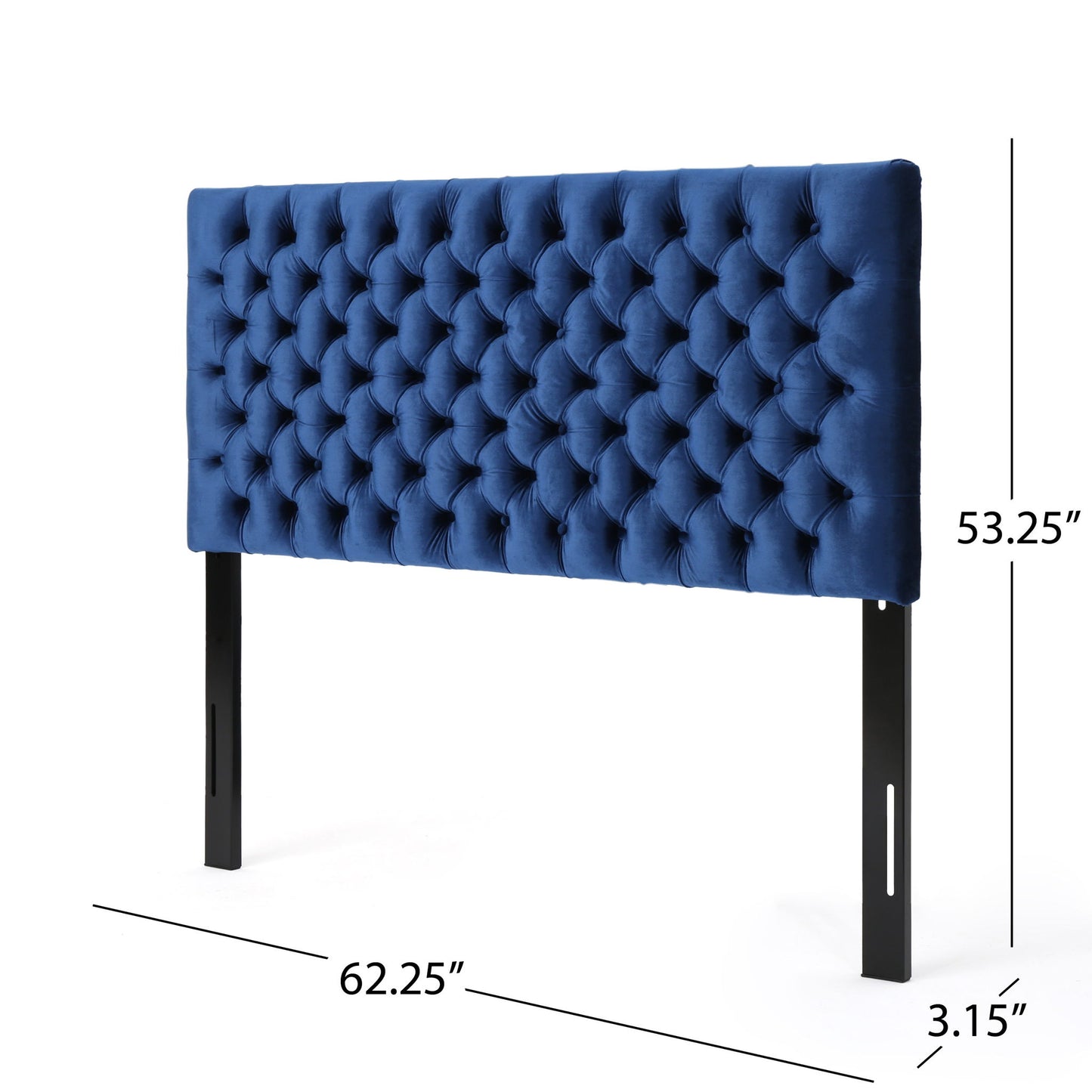 The Annecy - Contemporary Upholstered Headboard features blue tufted upholstery, black wooden legs, and measures 53.25"H x 62.25"W x 3.15"D. Dimensions are indicated with black lines and text in the image.