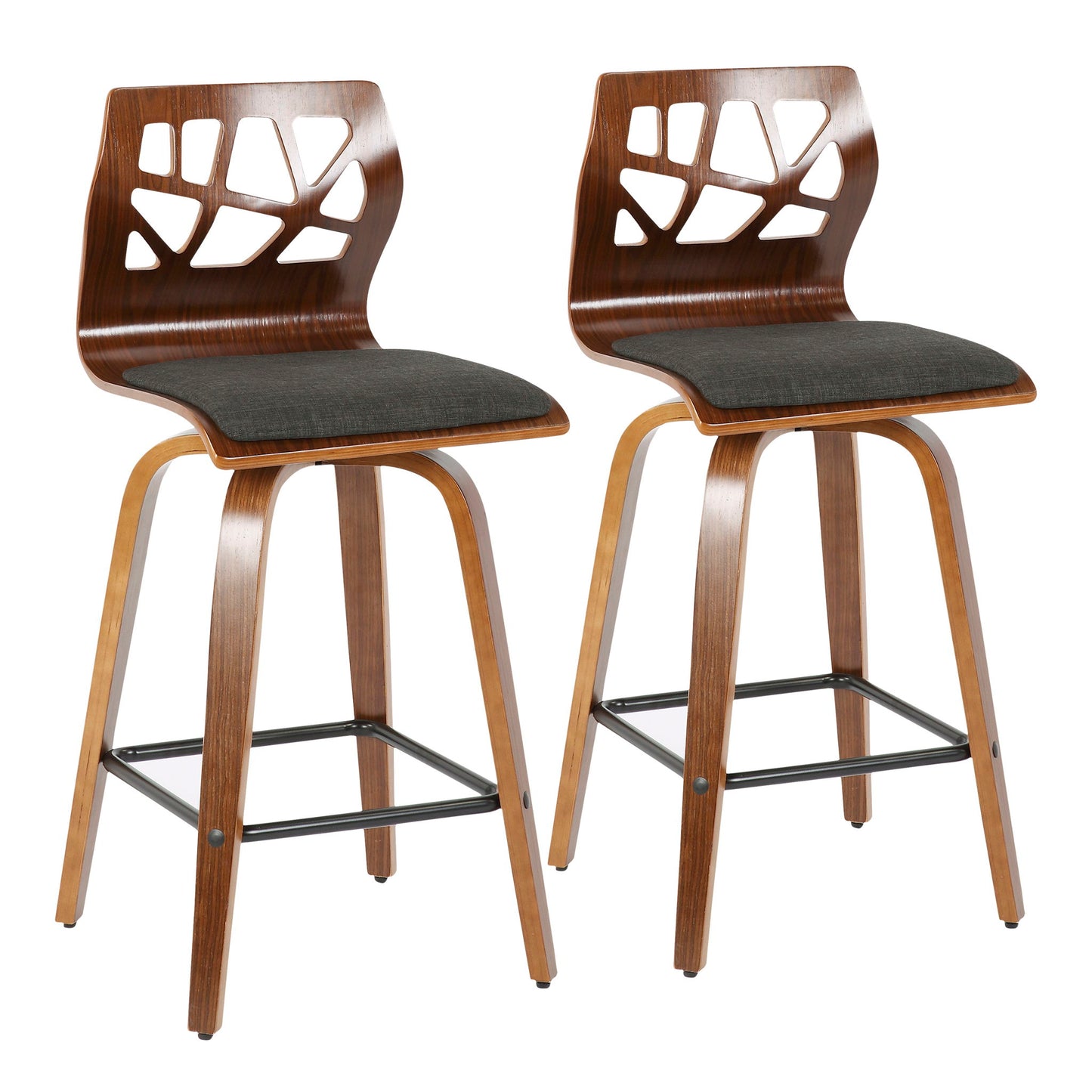 The Folia set includes two mid-century modern counter stools with wooden frames, geometric cut-out backrests, dark cushioned seats, swivel feature, and metal footrests, shown against a white background.