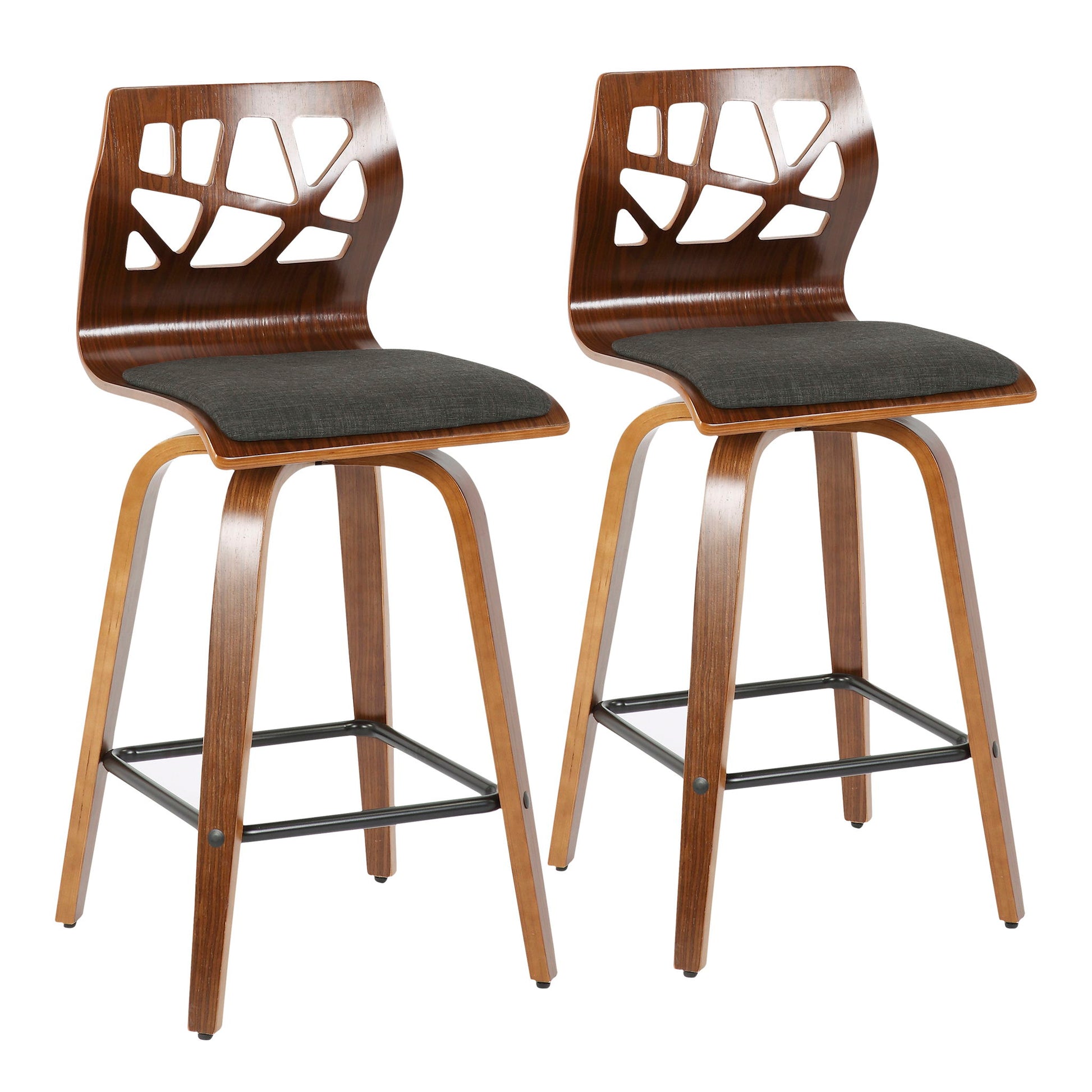 The Folia set includes two mid-century modern counter stools with wooden frames, geometric cut-out backrests, dark cushioned seats, swivel feature, and metal footrests, shown against a white background.