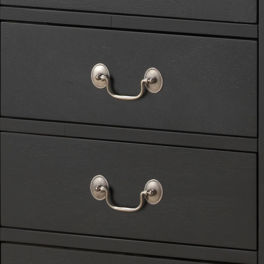 Close-up of two drawers from the Traditional Style Lingerie Storage Chest Timeless, featuring black wood and silver metal handles with round bases.