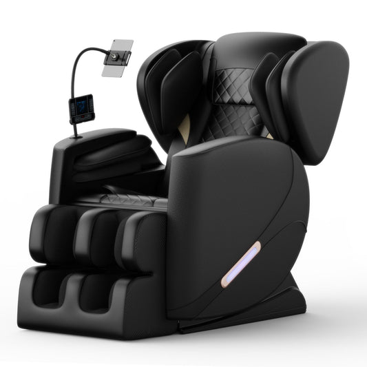 The Massage Chair Recliner With Zero Gravity With Full Body Air Pressure in Black features a sleek, ergonomic design with padded armrests, leg supports, headrest, adjustable tablet holder, and built-in control screen.