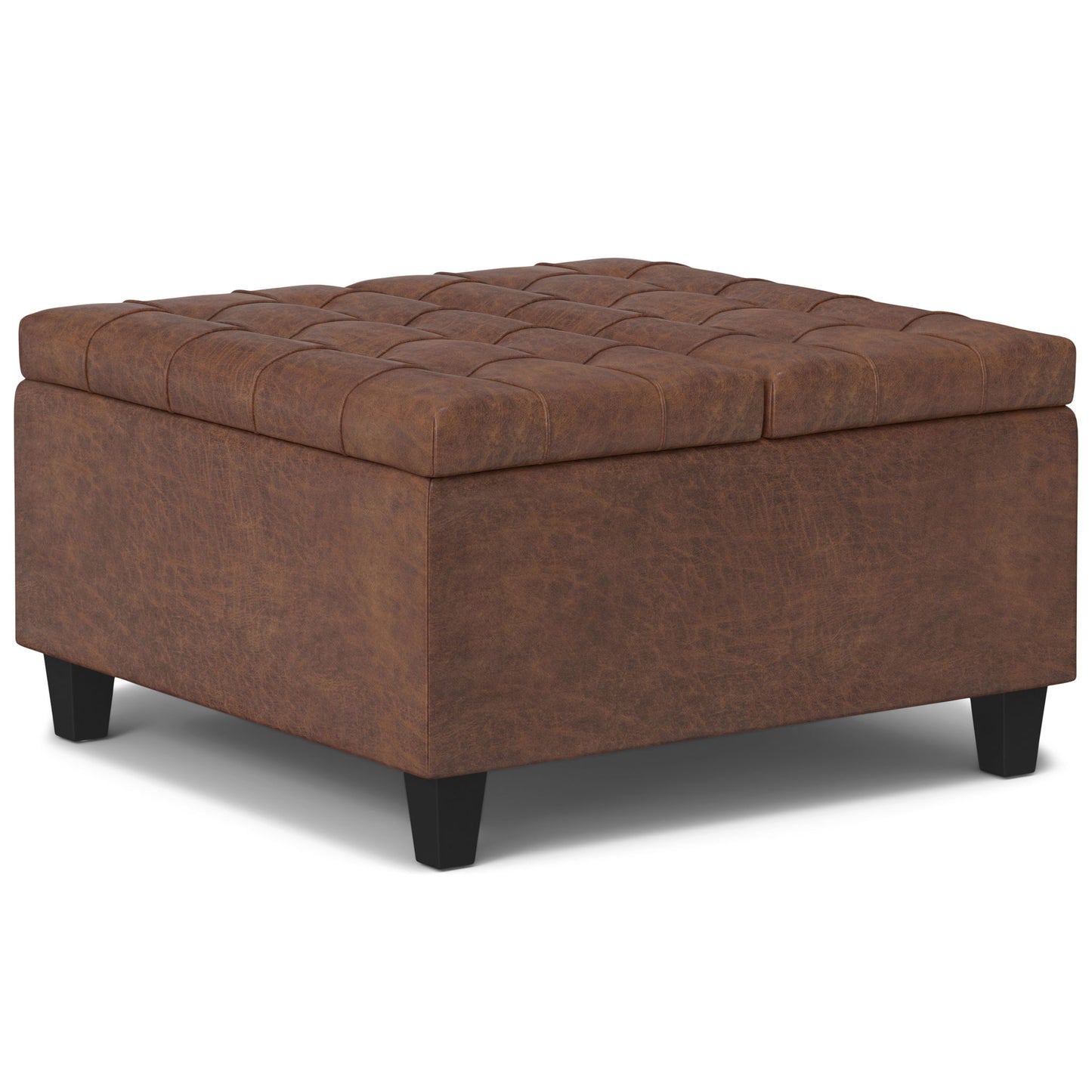 The Harrison Large Coffee Table Storage Ottoman features a square, brown, tufted leather design with short black legs, a cushioned top, and a simple modern style—perfect for versatile living room storage.