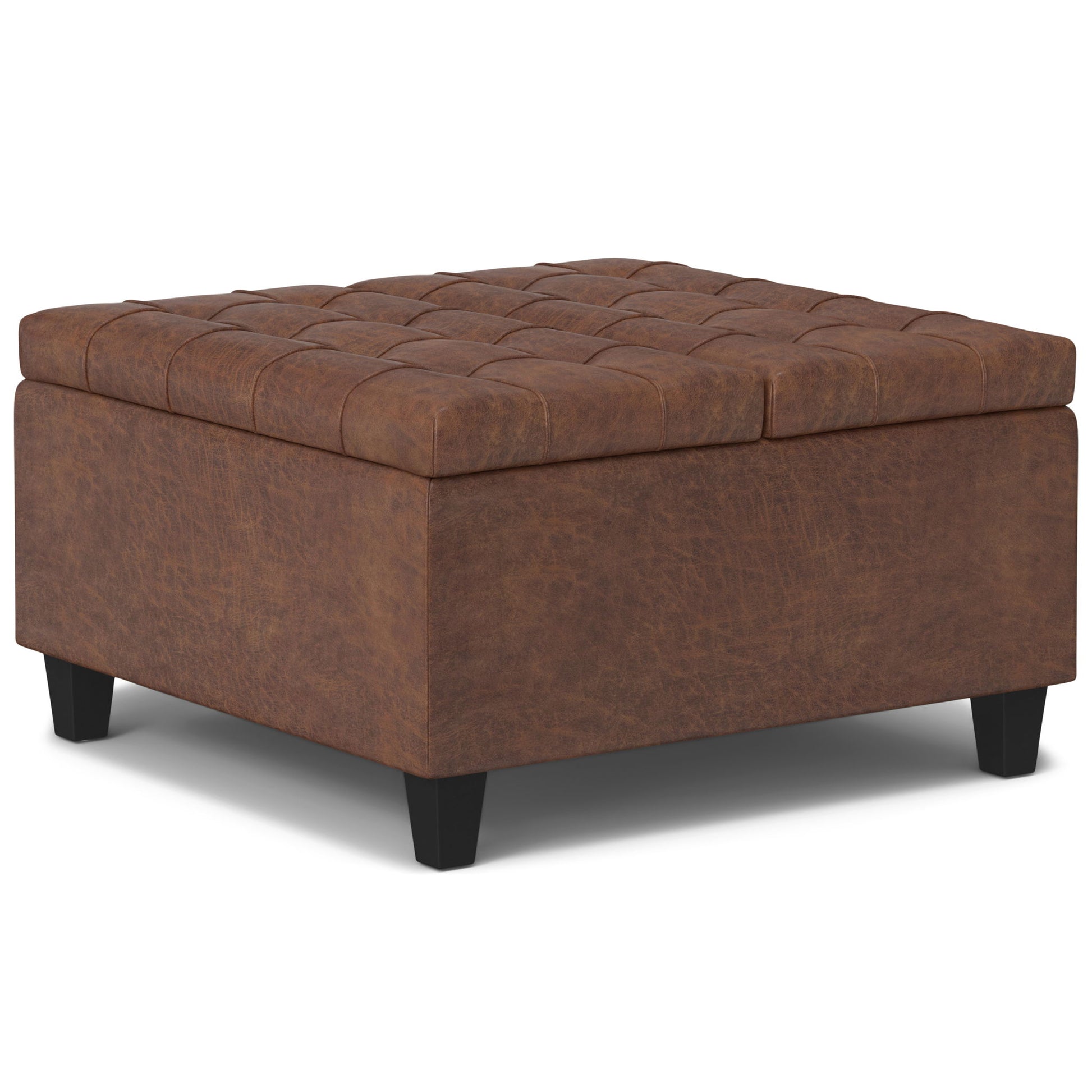 The Harrison Large Coffee Table Storage Ottoman features a square, brown, tufted leather design with short black legs, a cushioned top, and a simple modern style—perfect for versatile living room storage.