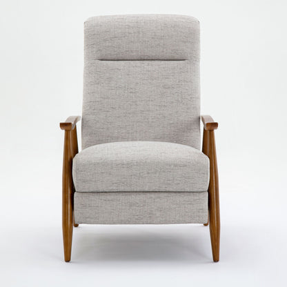 The Vaughn Push Back Recliner features light gray fabric upholstery with solid hardwood armrests and legs, displayed against a plain white background.