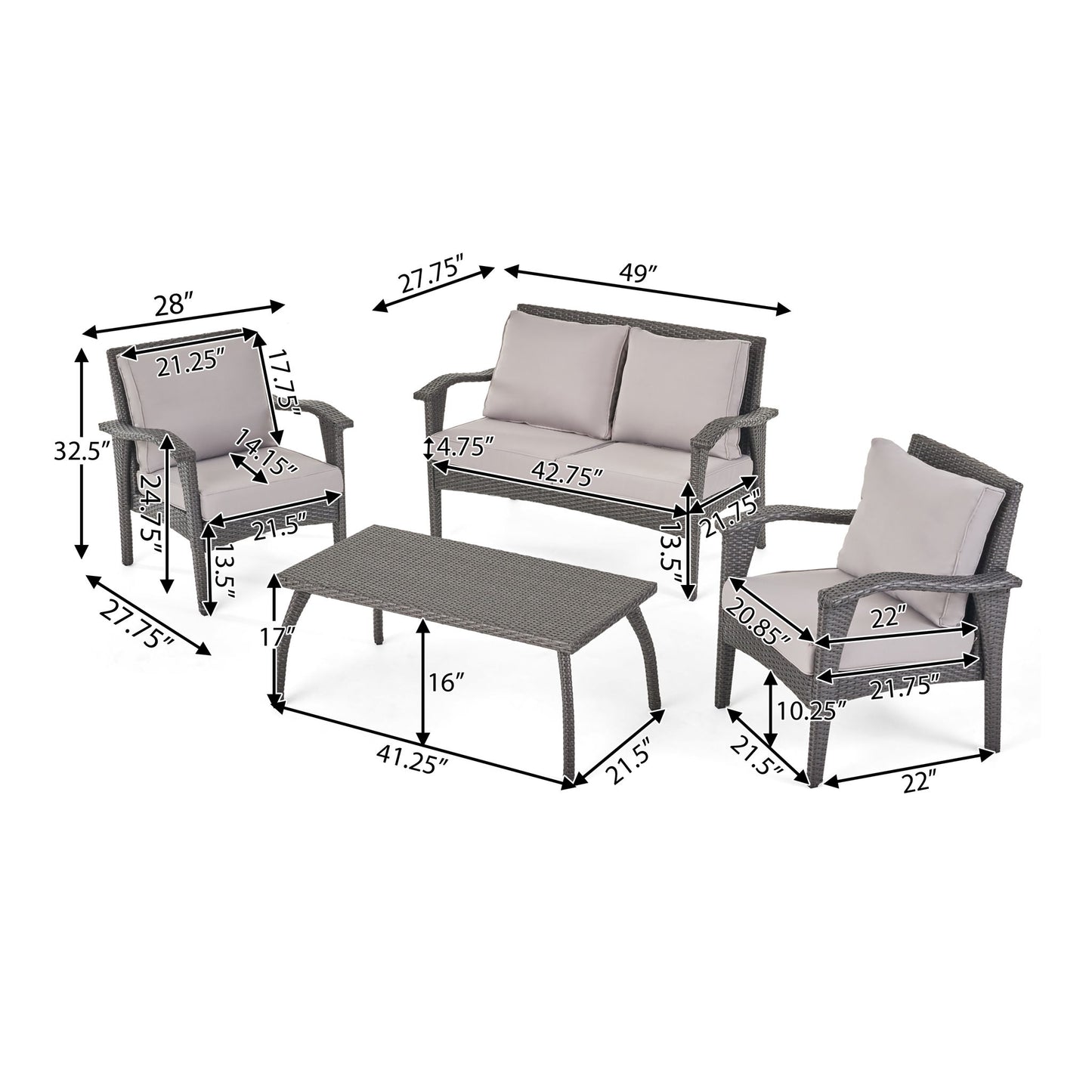 The Honolulu - Wicker Set Outdoor Seating includes two armchairs, a loveseat, and a coffee table. Each piece features labeled measurements in inches for width, depth, height, and seating dimensions.