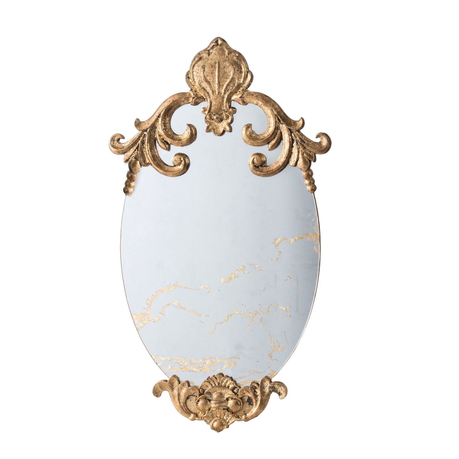 The Decorative Oval Wall Mirror features a gold, ornate frame with intricate scrollwork on top and bottom, and subtle golden streaks on the mirror; perfect as an accent for your living room, entryway, or bedroom.