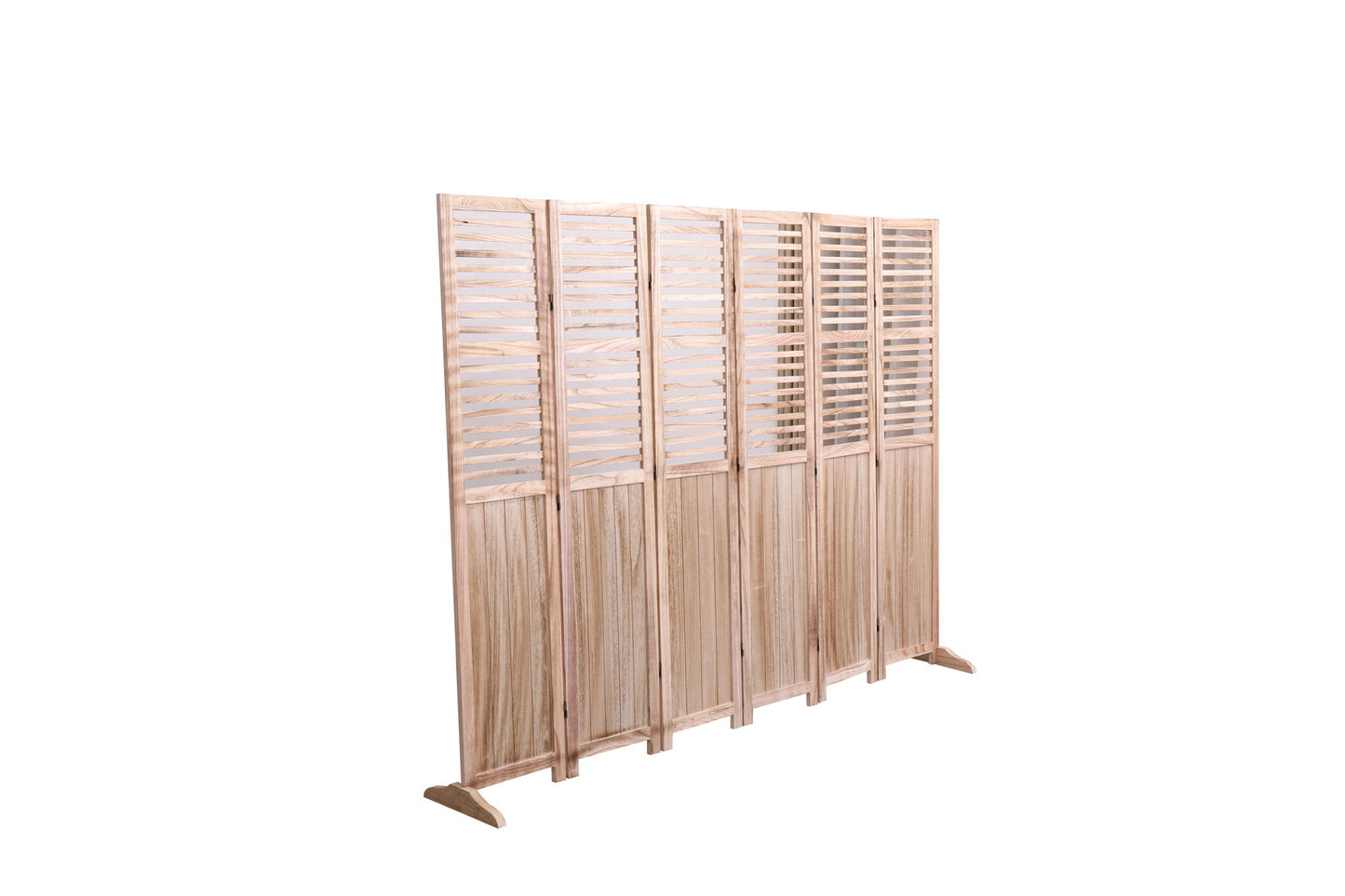 The Expertly Designed Panel Folding Room Divider features six panels with louvered slats on top, solid wood below, and stands on two flat feet against a white background.