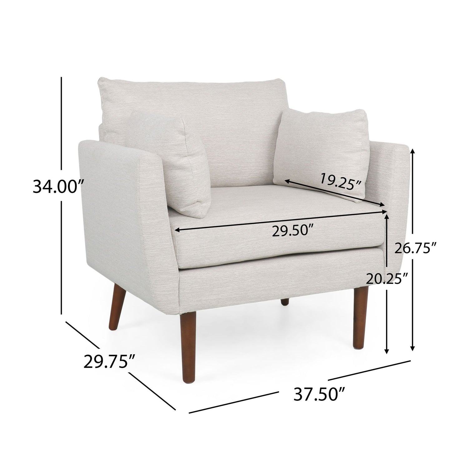 The Luminate Upholstered Fabric Club Chair features a light gray finish, two accent pillows, tapered wooden legs, and measures 34"H x 29.75"D x 37.5"W with a 26.75" arm height, 20.25" seat height, and 29.5" seat width.