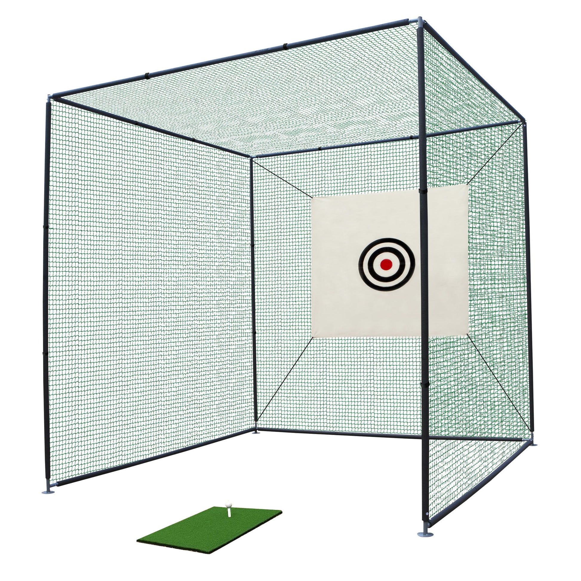 The Golf Practice Net Cage With Metal Frame Hitting Net Kit Indoor Outdoor - Black features a square net enclosure, target with concentric circles, plus a green mat and tee at the front for effective golf practice.