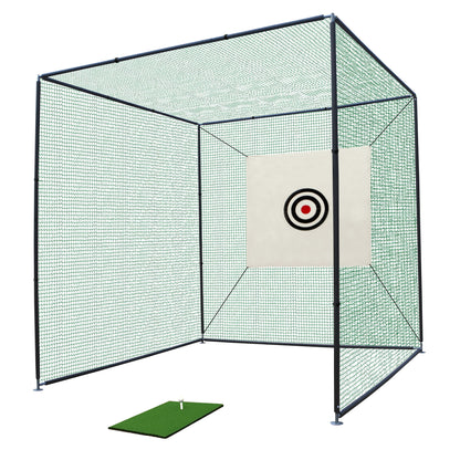 The Golf Practice Net Cage With Metal Frame Hitting Net Kit Indoor Outdoor - Black features a square net enclosure, target with concentric circles, plus a green mat and tee at the front for effective golf practice.