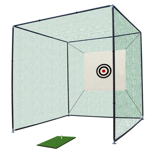 The Golf Practice Net Cage With Metal Frame Hitting Net Kit Indoor Outdoor - Black features a square net enclosure, target with concentric circles, plus a green mat and tee at the front for effective golf practice.