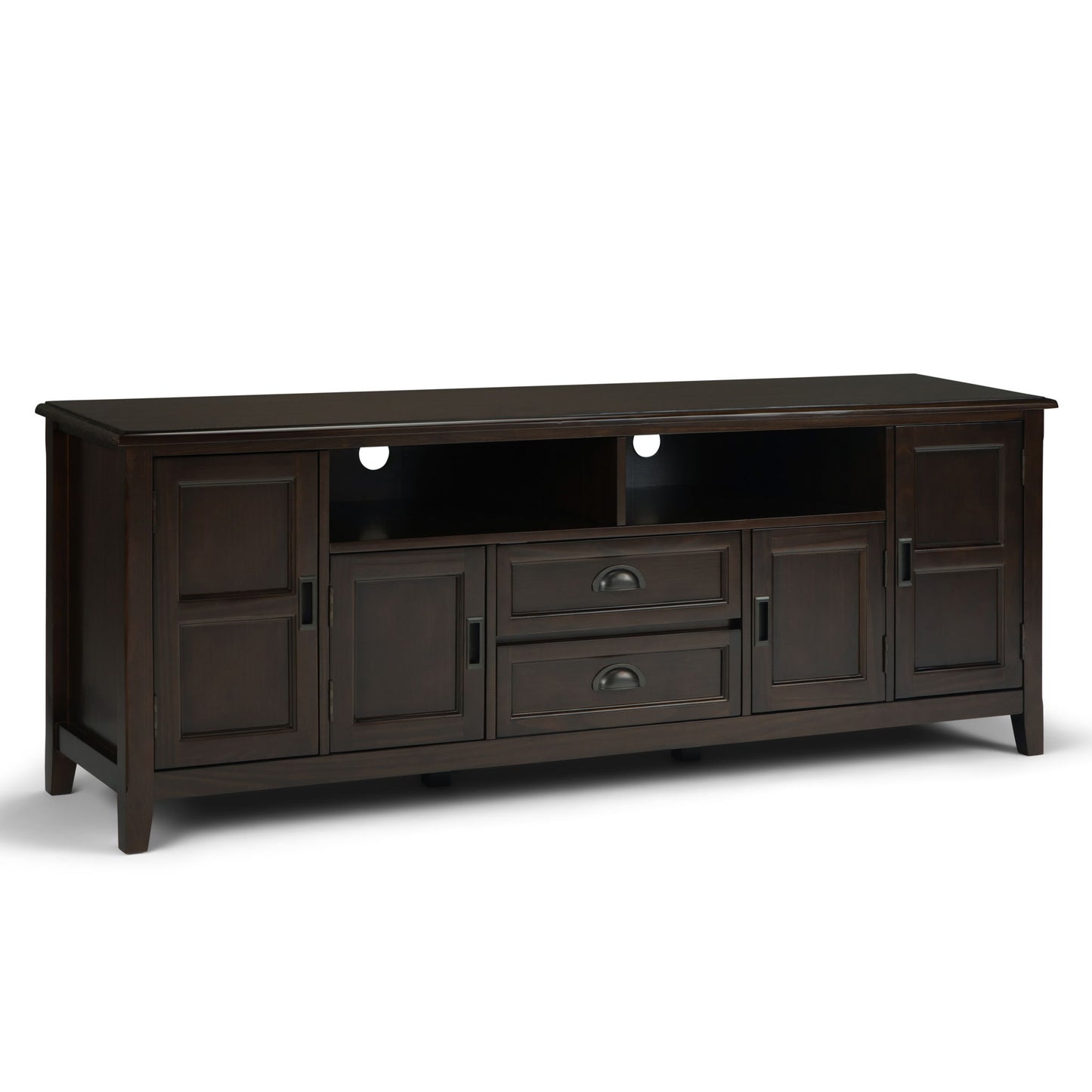 The Burlington TV Media Stand features a dark wood finish, four cabinet doors, two open shelves with cable cutouts, and two central drawers with black handles in a classic rectangular design.