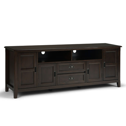 The Burlington TV Media Stand features a dark wood finish, four cabinet doors, two open shelves with cable cutouts, and two central drawers with black handles in a classic rectangular design.