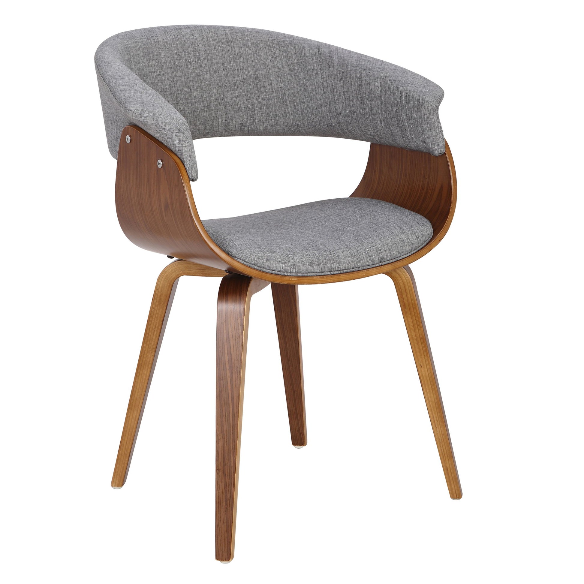 The Vintage Mod - Mid Century Modern Dining Chair (Set of 2) features a curved wooden frame, angled wooden legs, gray upholstered seat and backrest, with an open lower back and armrests for a stylish look.