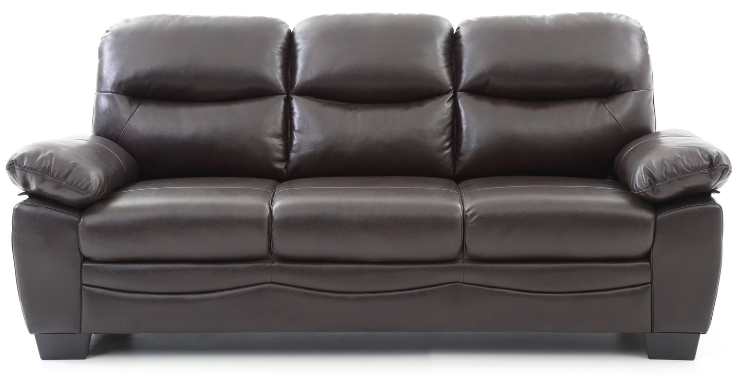 The Marta - Sofa is a dark brown leather piece with plush cushions and wide, padded armrests, displayed front-facing against a white background.