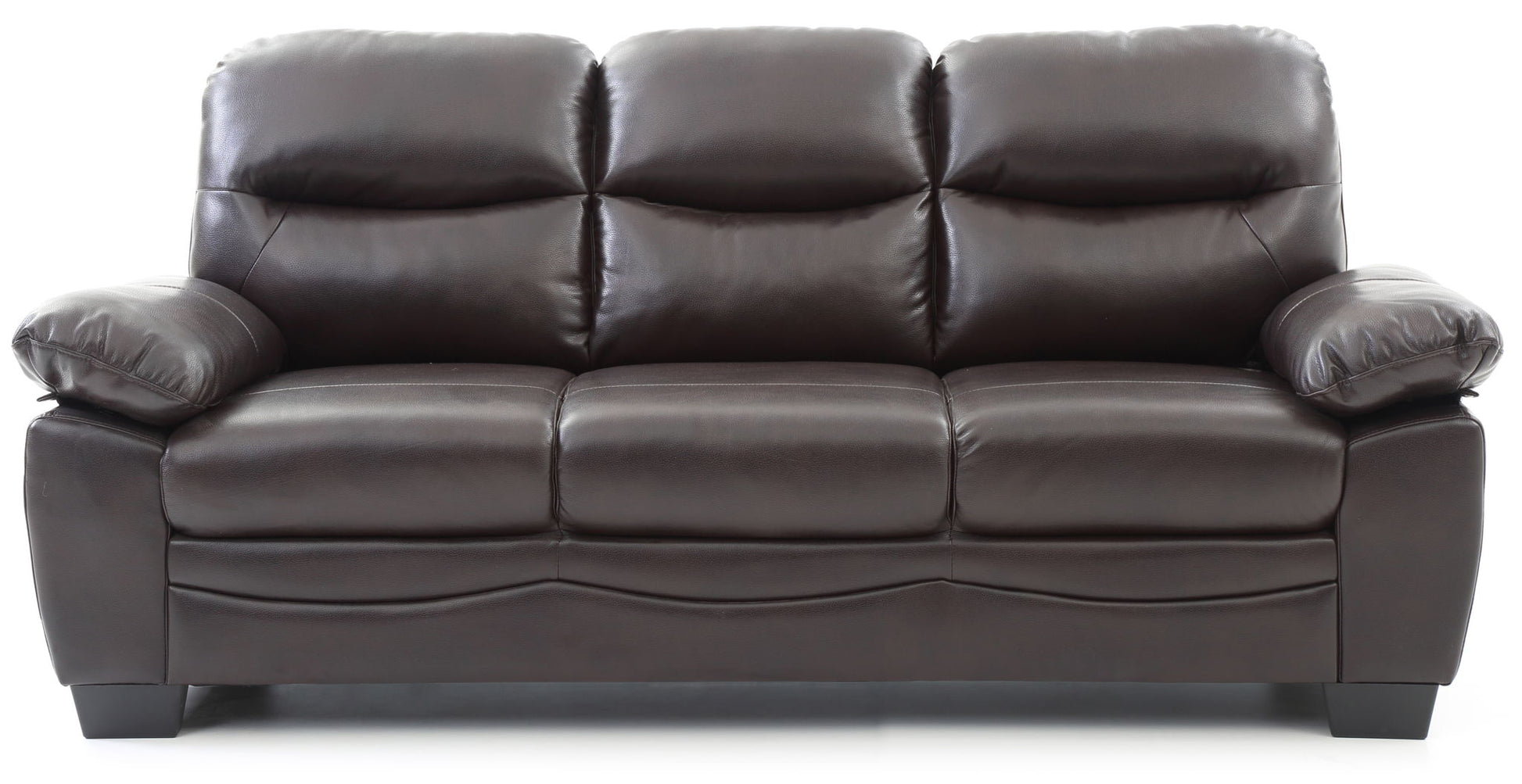 The Marta - Sofa is a dark brown leather piece with plush cushions and wide, padded armrests, displayed front-facing against a white background.