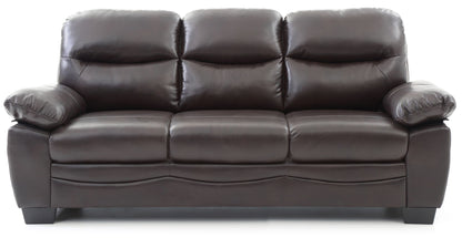 The Marta - Sofa is a dark brown leather piece with plush cushions and wide, padded armrests, displayed front-facing against a white background.