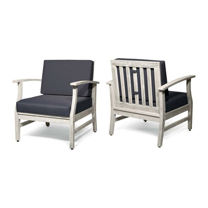 Two Perla Contemporary Club Chairs, featuring light gray wooden frames and dark gray water-resistant cushions, are displayed from the front and back on a white background.