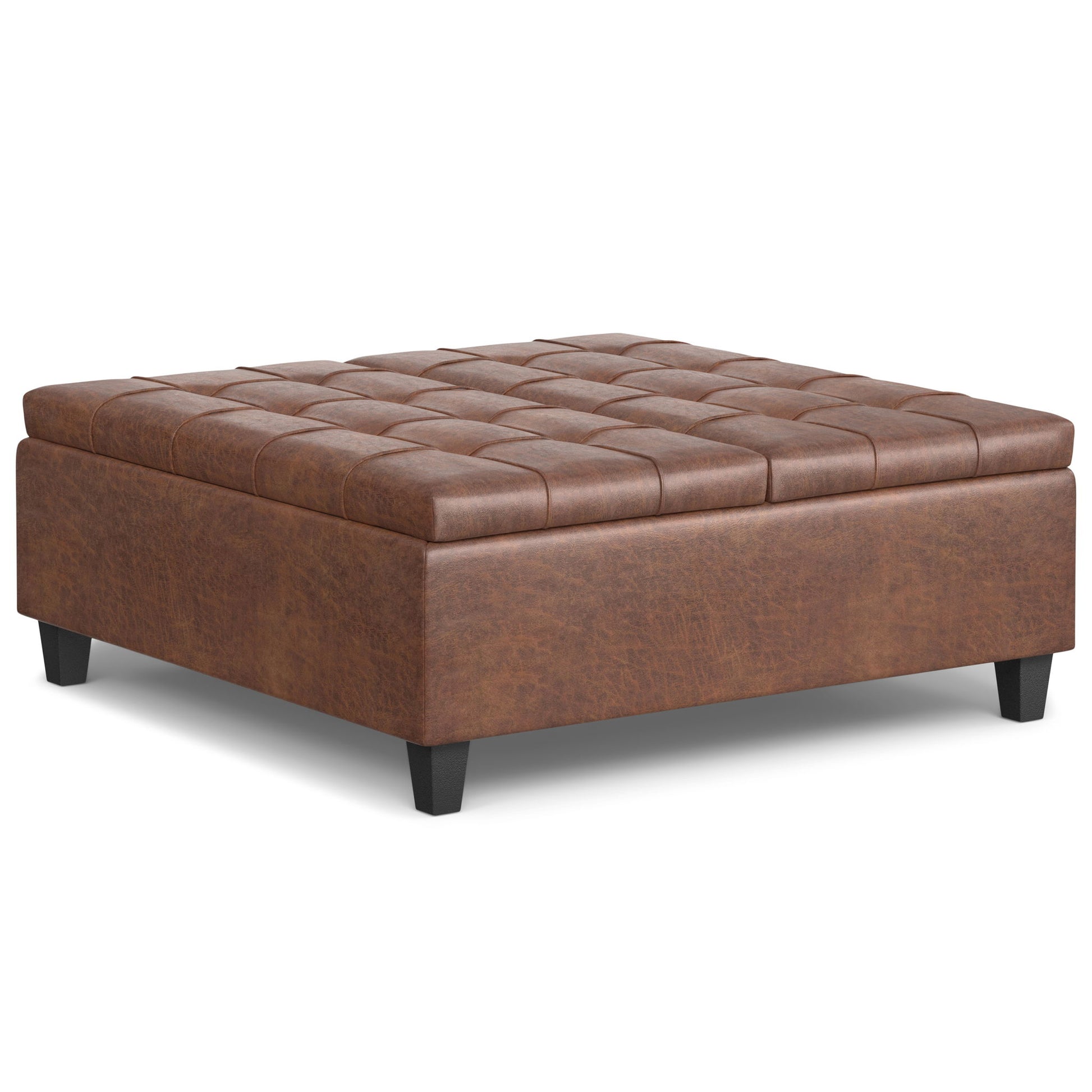 Harrison - Upholstered Coffee Table Storage Ottoman in brown leather features a tufted top and short black legs, displayed on a white background.