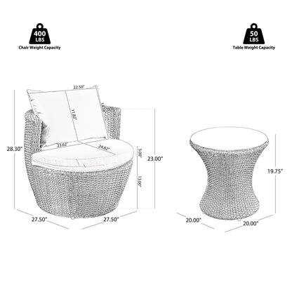 The Kono - Chat Set Outdoor Furniture features a wicker chair with cushion and pillow (28.3"H x 27.5"W x 27.5"D, holds 400 lbs) and a round side table (19.75"H x 20"W x 20"D, holds 50 lbs).