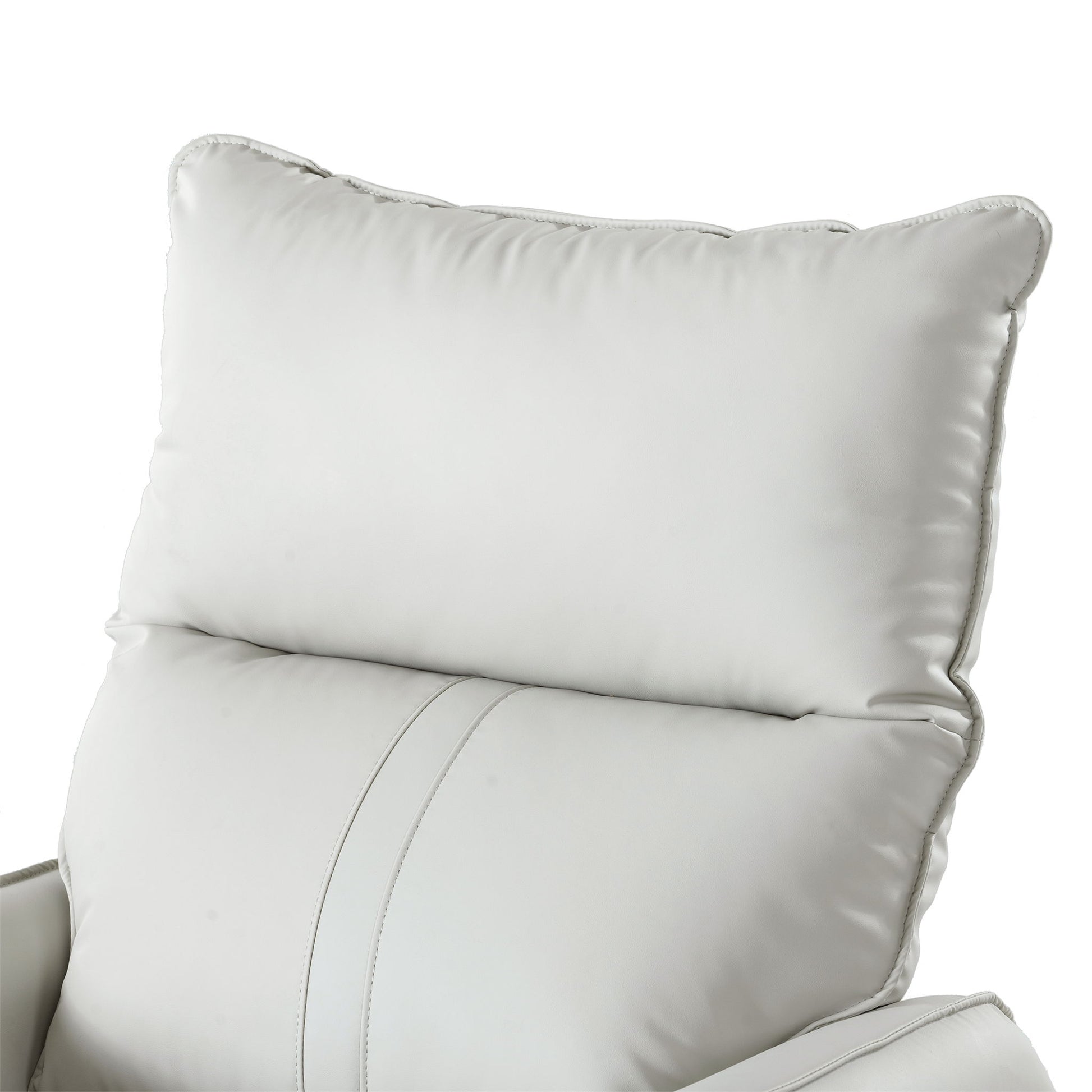 Close-up of the 360° Modern Small Rocking Swivel Recliner Chair With Side Pocket, highlighting its cushioned white leather backrest and seat with detailed stitching.