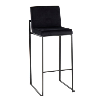 The Fuji - Contemporary High Back Barstool features a black cushioned seat and backrest, complemented by a minimalist metal frame with straight legs and an integrated footrest for elegant style.
