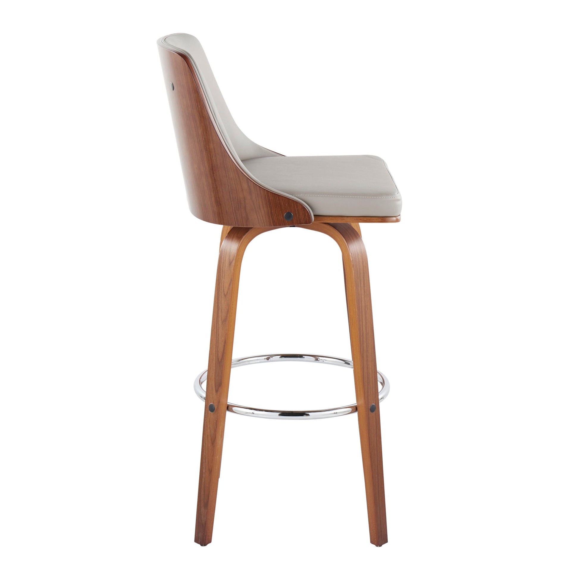 Side view of the Gianna mid-century modern fixed height barstool (set of 2) featuring a curved wooden frame, padded light gray seat and backrest, wooden legs, and a round chrome footrest with swivel function.