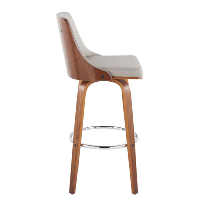 Side view of the Gianna mid-century modern fixed height barstool (set of 2) featuring a curved wooden frame, padded light gray seat and backrest, wooden legs, and a round chrome footrest with swivel function.